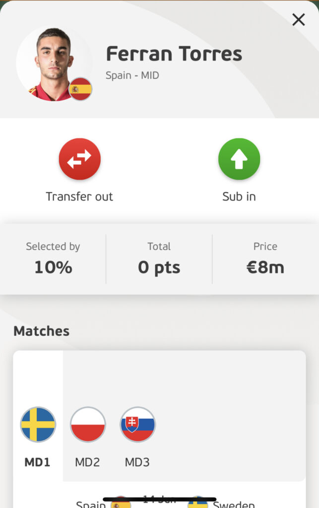 Ferran Torres Euro Fantasy midfielders in your team