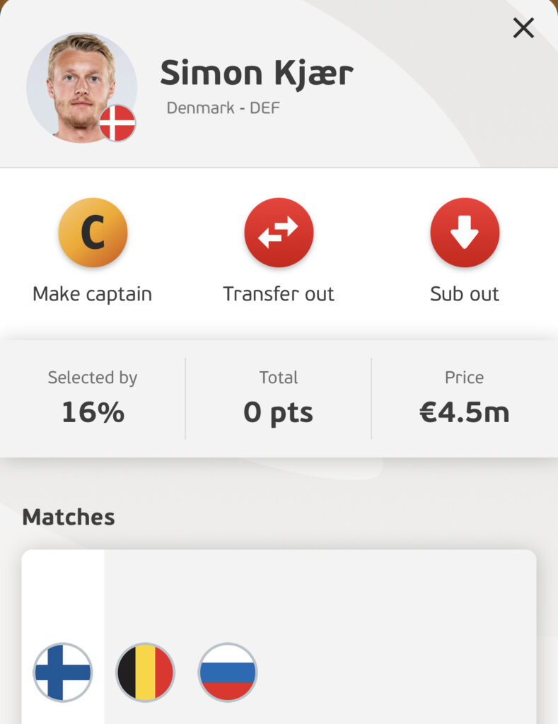 Simon Kjaer Euro Fantasy Matchday 1