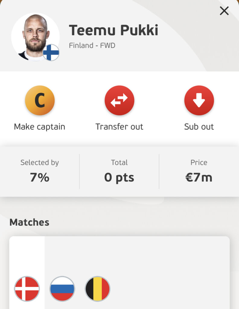 Teemu Pukki Euro Fantasy Matchday 1 forwards in your team