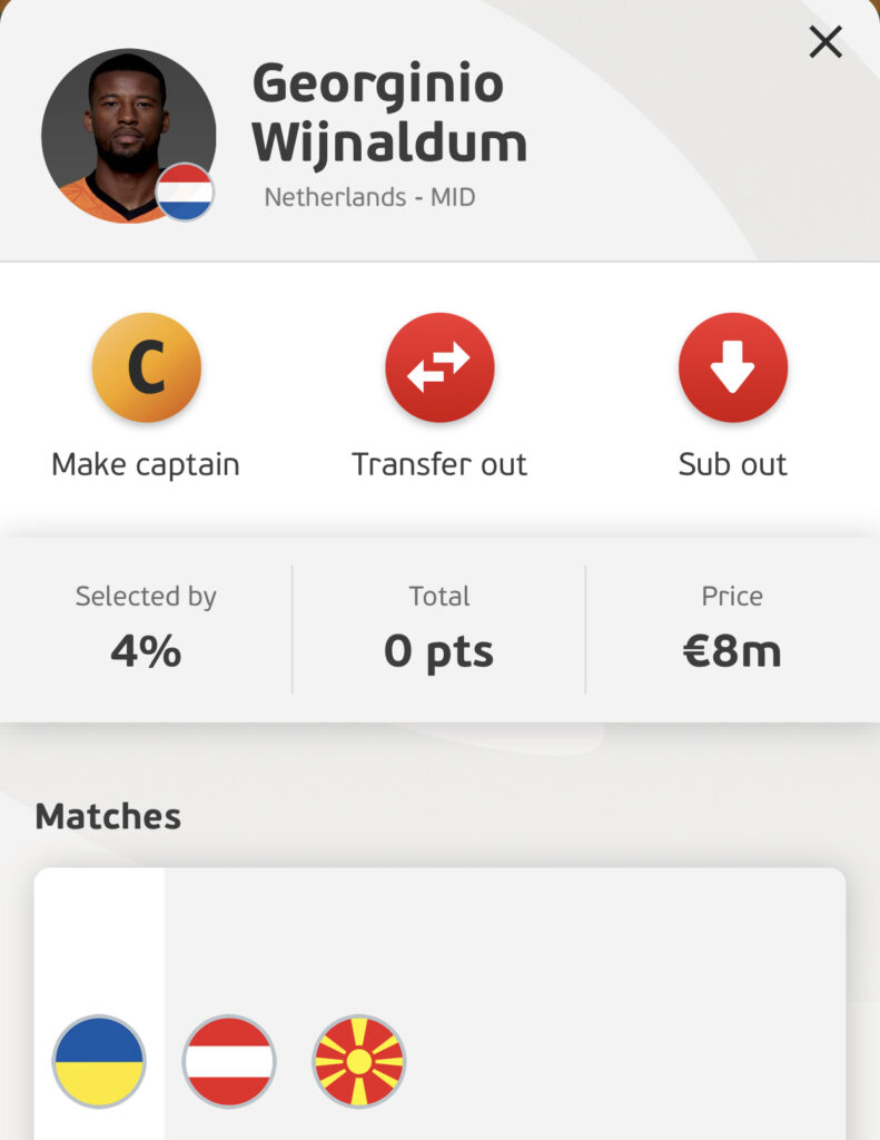 Gini Wijnaldum Euro Fantasy Matchday 1 midfielders in your team
