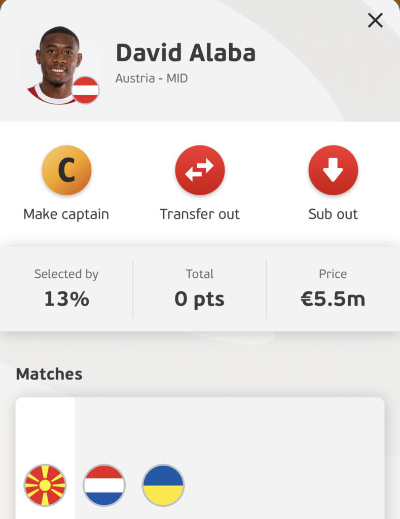 David Alaba Euro Fantasy Matchday 1 midfielders in your team