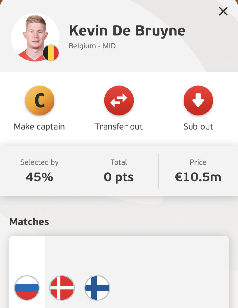 Kevin De Bruyne Euro Fantasy Matchday 1 midfielders in your team