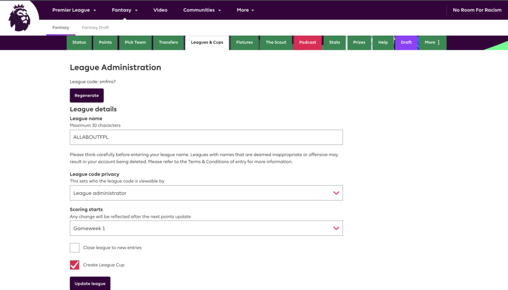 Enabling mini league cup in FPL 