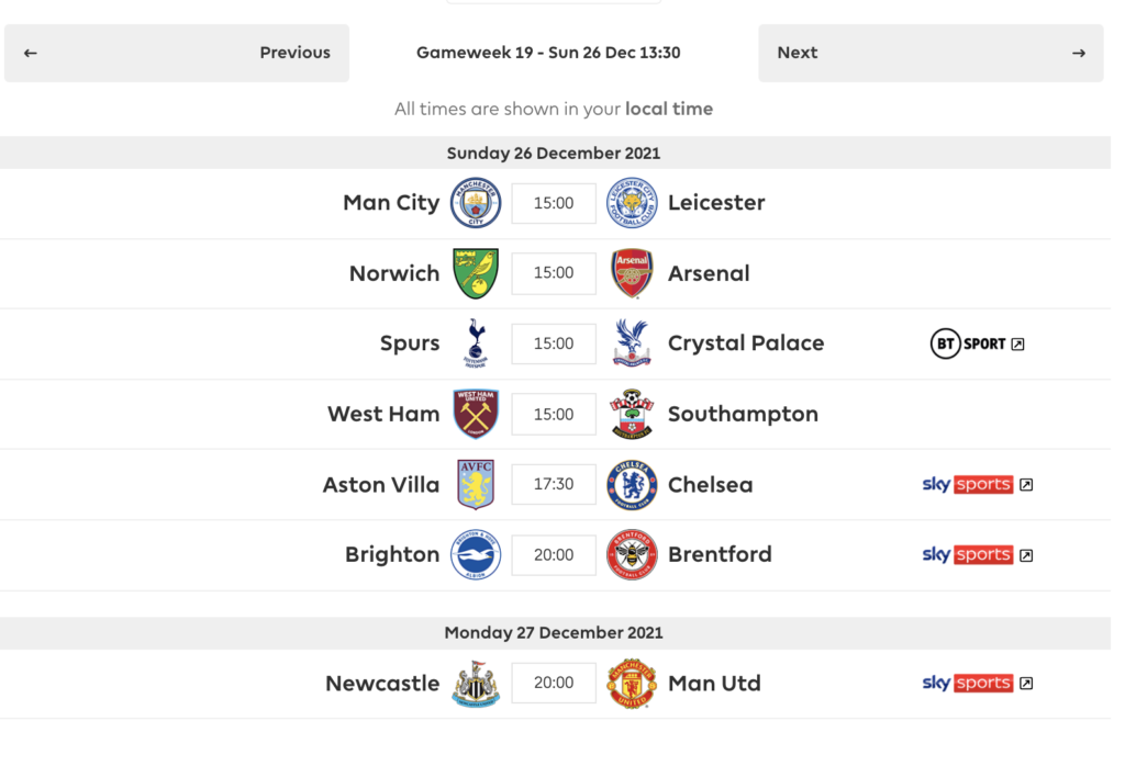 FPL GW19 fixtures
