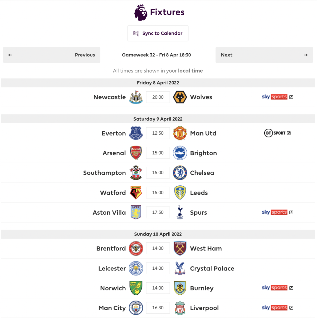 FPL GW32 Fixtures