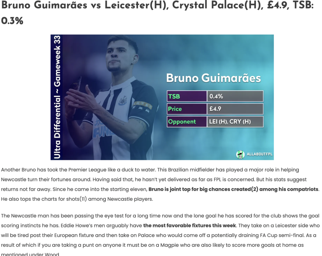 Bruno Guimaraes ~ fpl gw33 review 