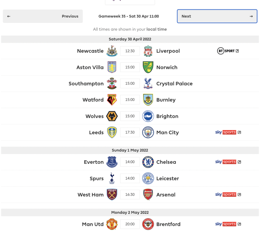 FPL GW35 Fixtures 
