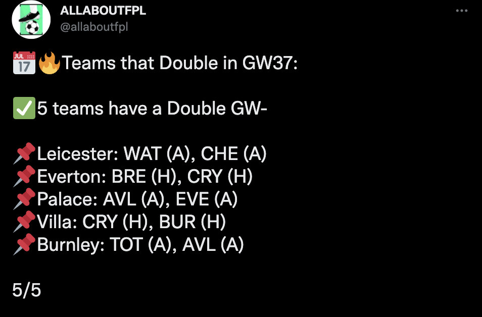 Teams that double in FPL GW37 