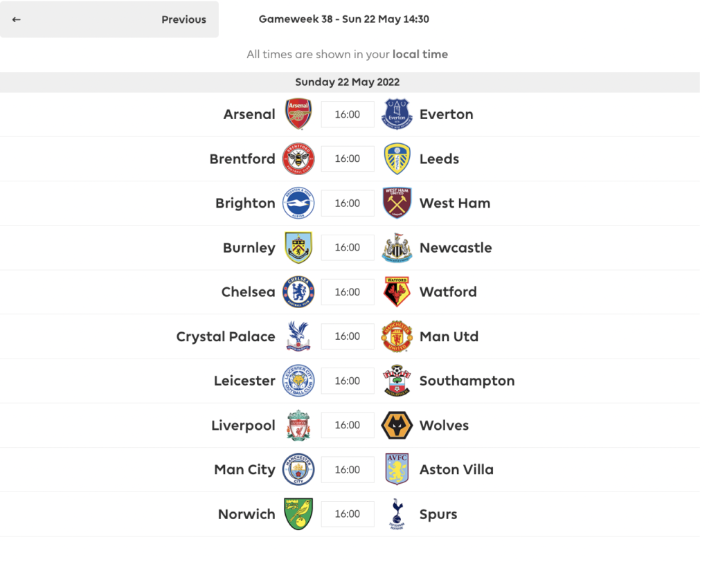 FPL GW38 Fixtures