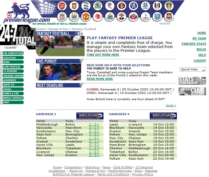Very first FPL Website screen
