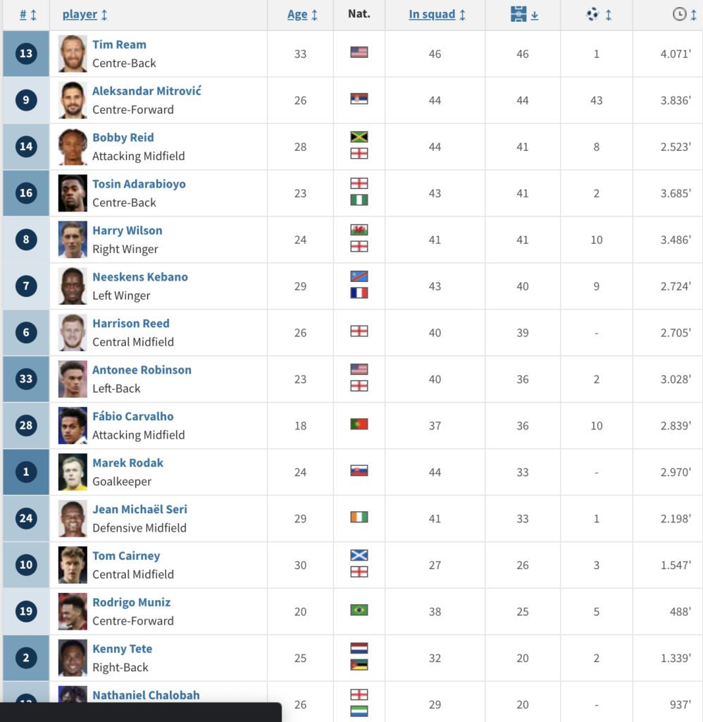 Fulham Players most minutes played from last season