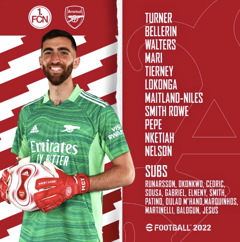 Arsenal lineup against FC Nurnberg ~ 2022/23 pre season friendly 