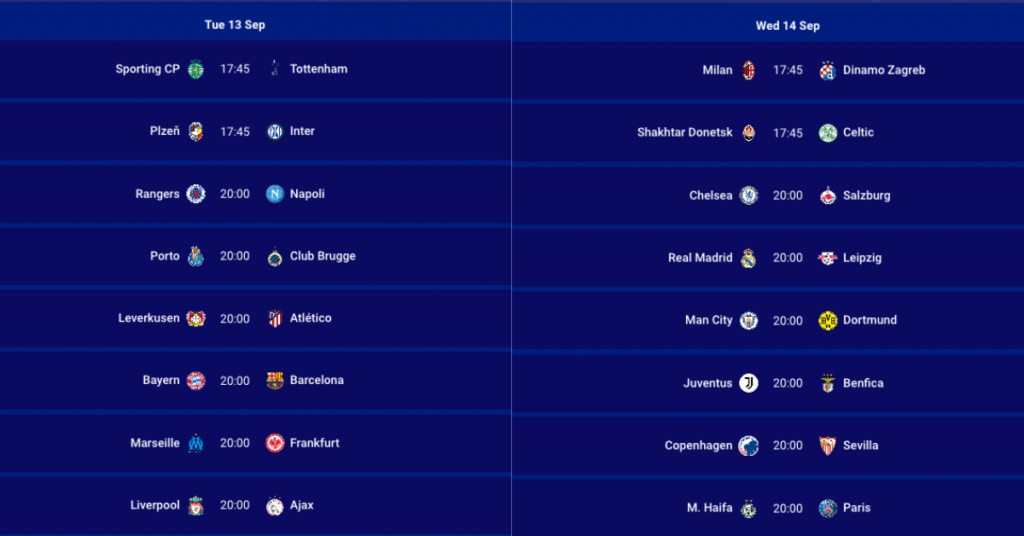 UCL Fantasy Matchday 2 Fixtures