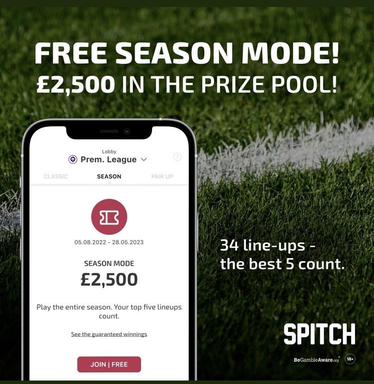 £2,500 prize pool free to enter Spitch season-long game.