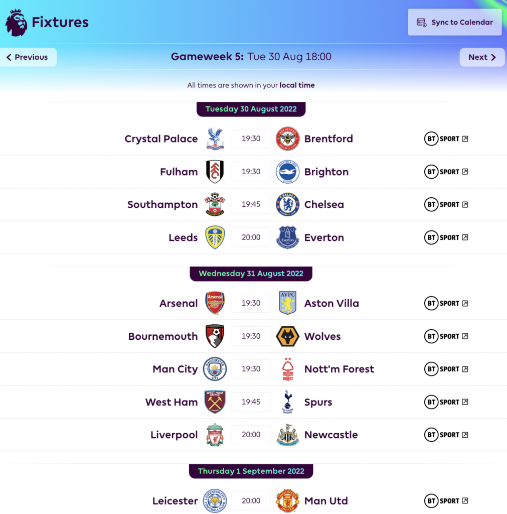 FPL GW5 Fixtures