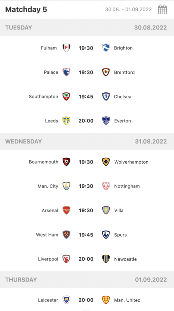 SPITCH Matchday 5 Fixtures 