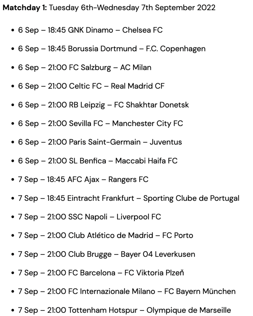 UCL Fantasy Matchday 1 Fixtures: