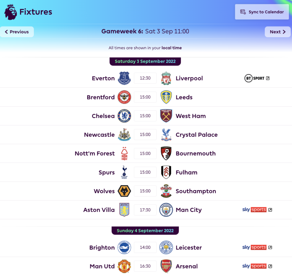FPL GW6 Fixtures