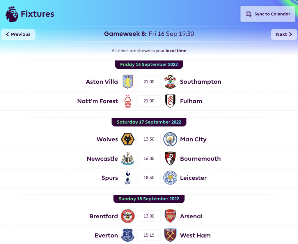 FPL GW8 Fixtures