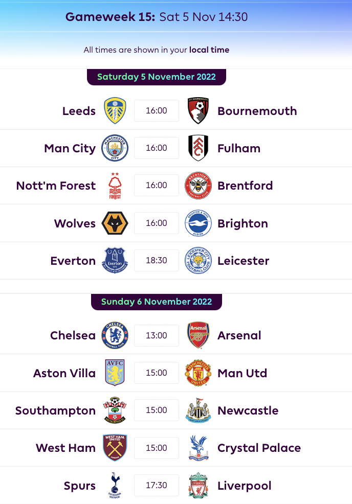 FPL GW15 Fixtures