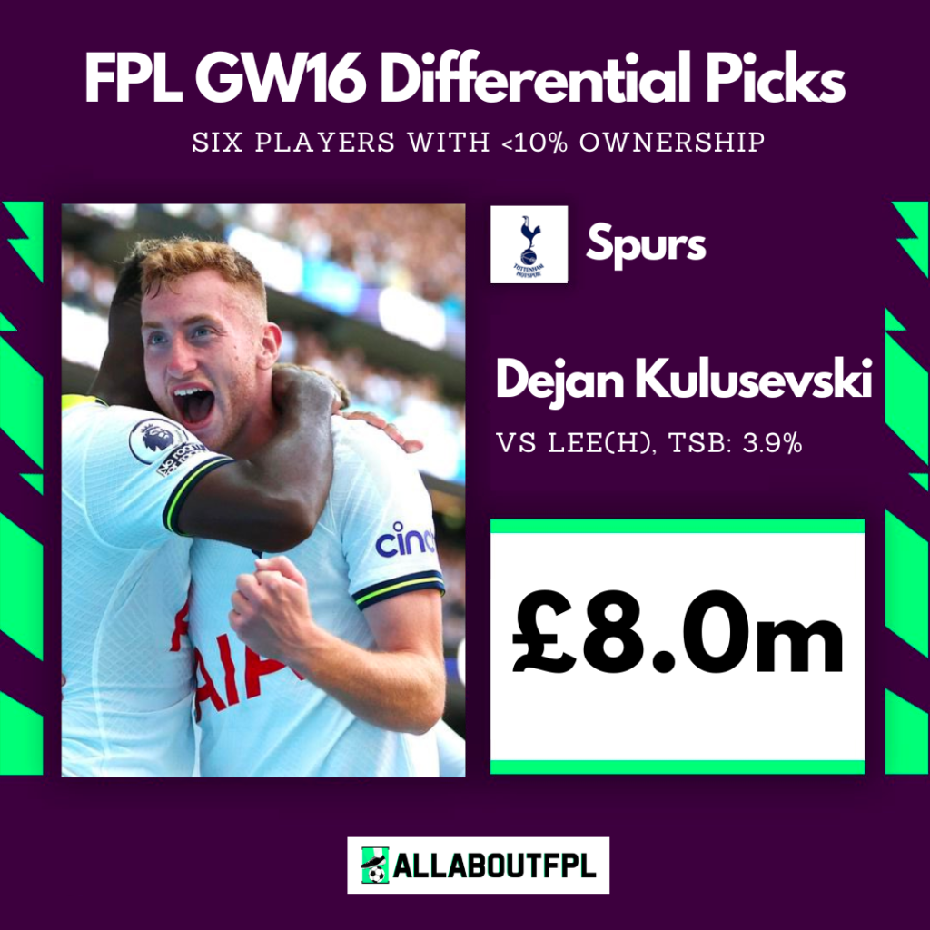 FPL Gameweek 16 Differential Picks(<10% TSB) ~ Dejan Kulusevski 