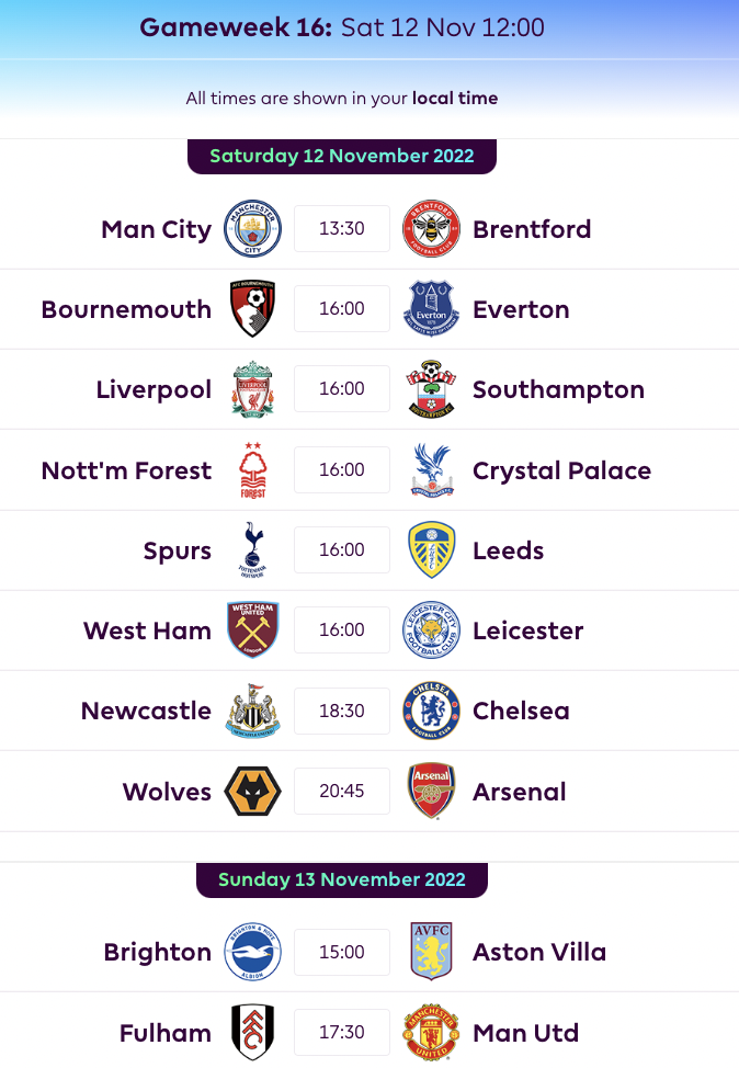FPL GW16 Fixtures