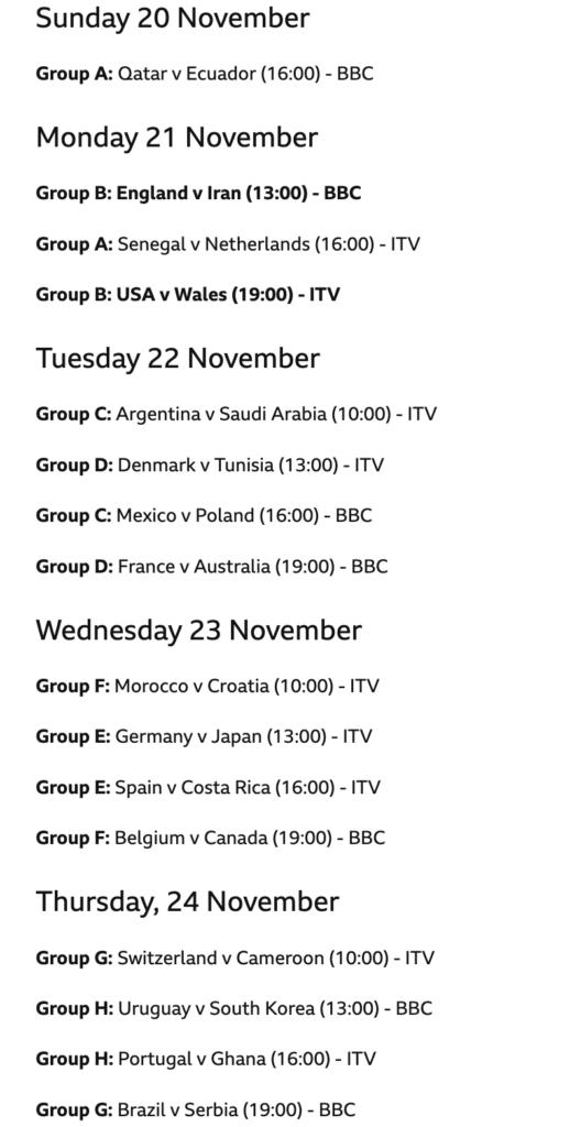 World Cup Fantasy Matchday 1 Schedule