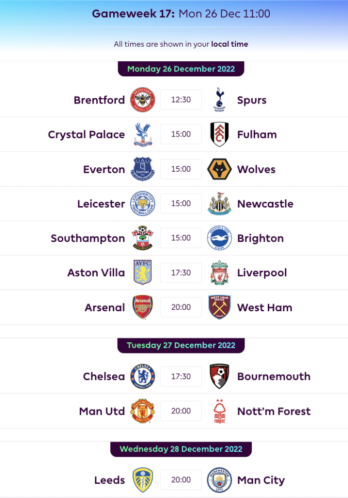 FPL GW17 Fixtures