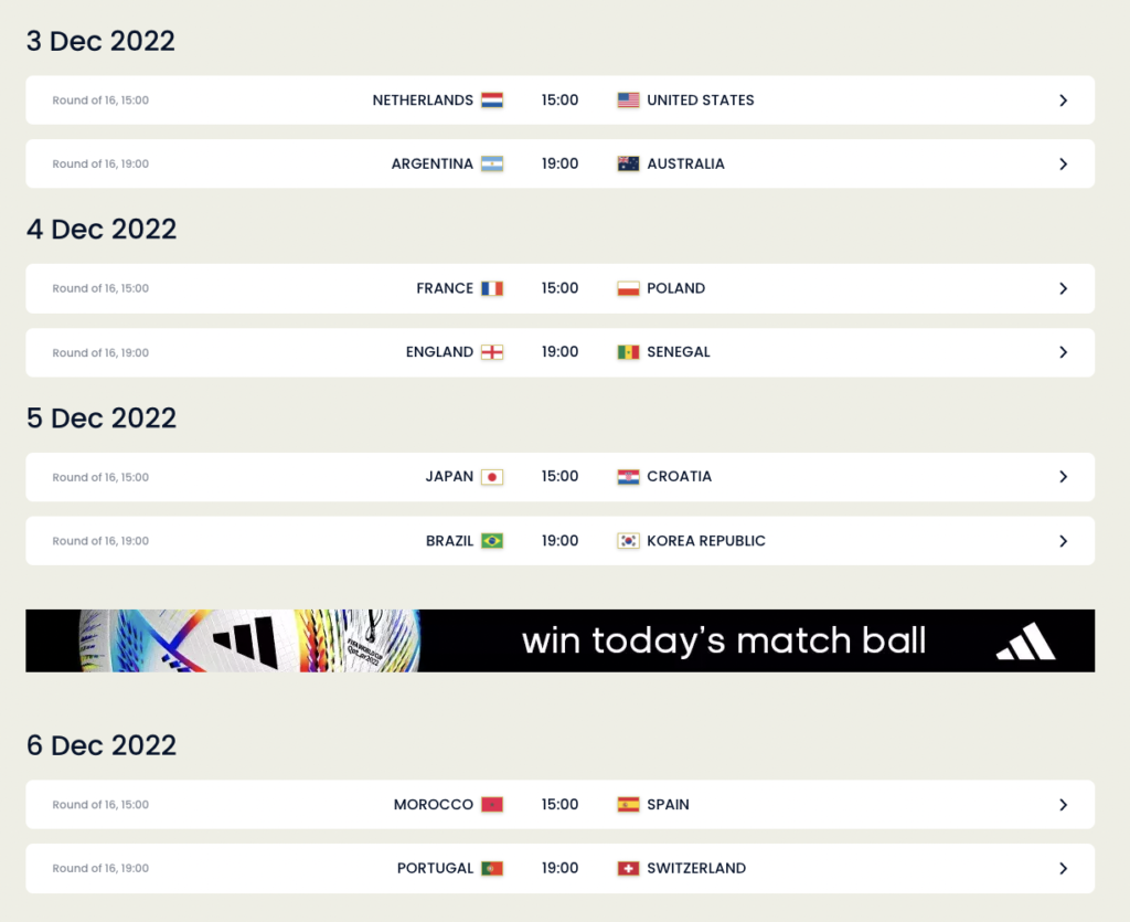 World Cup Fantasy Matchday 4(Round of 16) Fixtures
