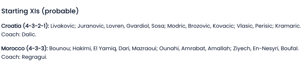 Croatia vs Morocco predicted lineup 