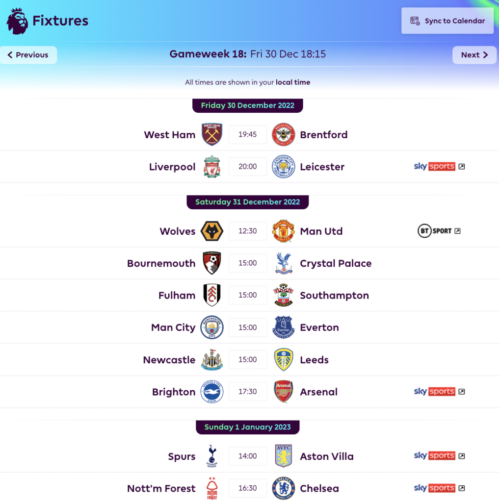 FPL GW18 Fixtures