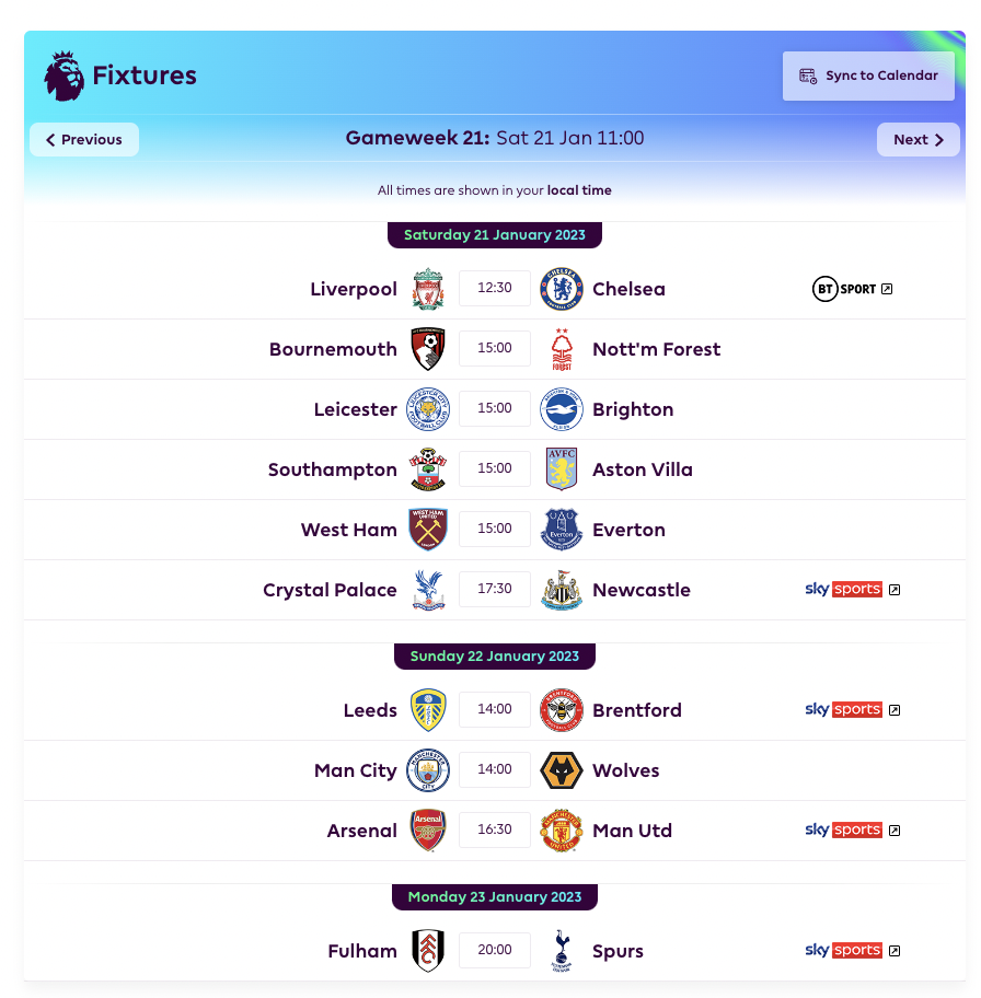 FPL GW21 Fixtures