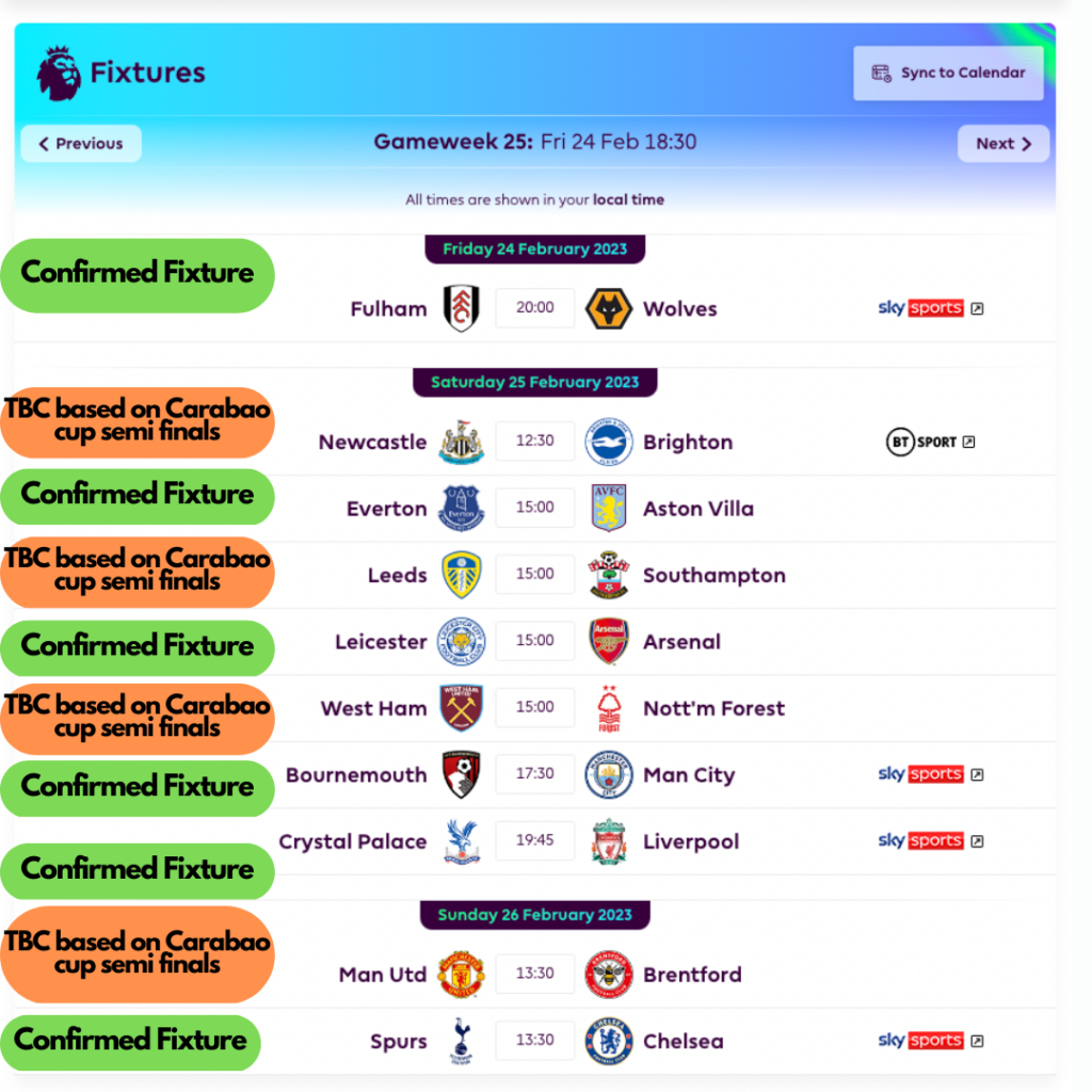 Confirmed FPL GW25 Fixtures so far 
