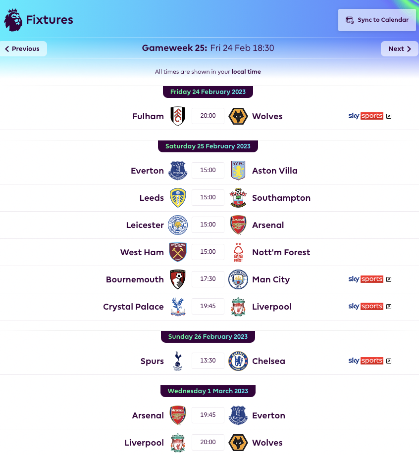 FPL GW25 Fixtures