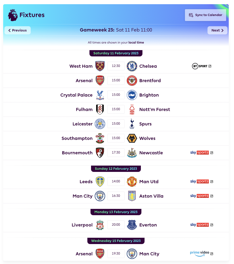 FPL DGW23 Fixtures