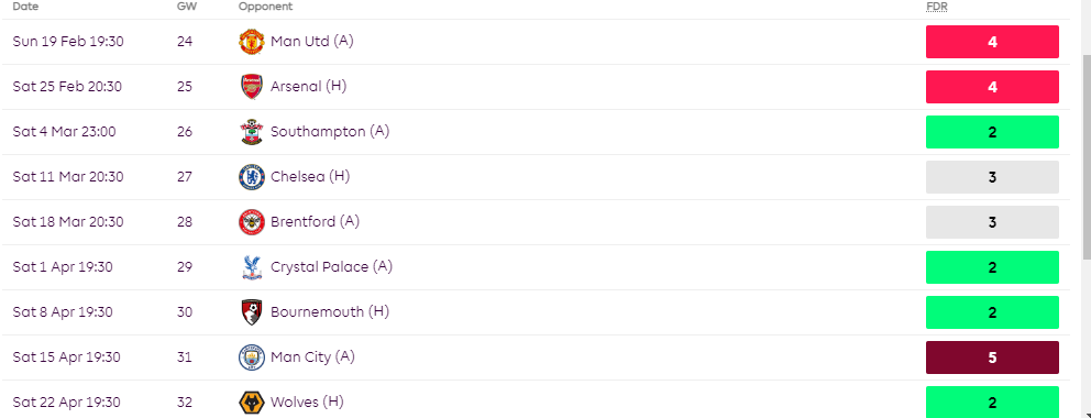 Leicester City Fixtures from FPL GW24