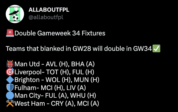 FPL Double Gameweek 34 Fixtures 