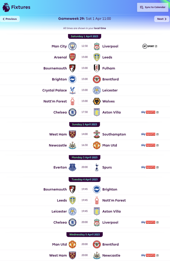 FPL GW29 Fixtures