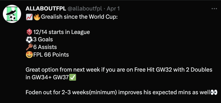 Jack Grealish FPL GW30 Wildcard Option 