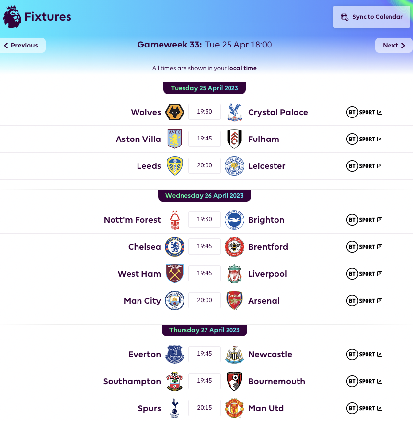 FPL GW33 Fixtures