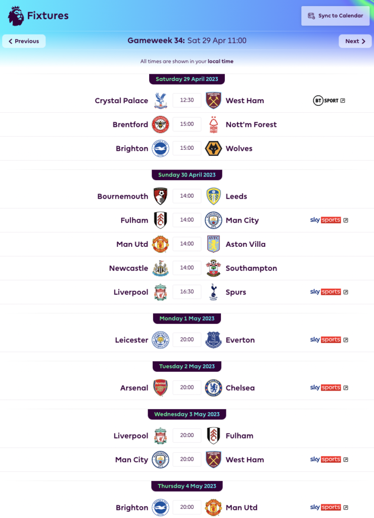 FPL GW34 Fixtures