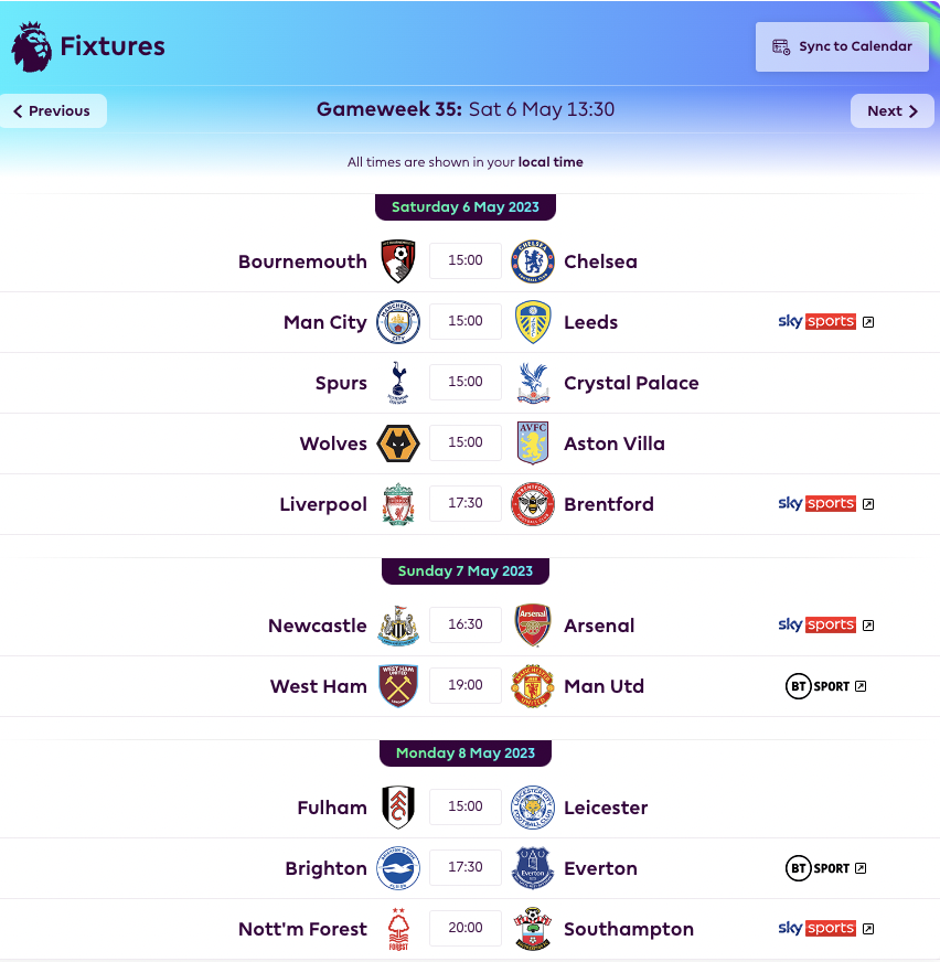 FPL GW35 Fixtures