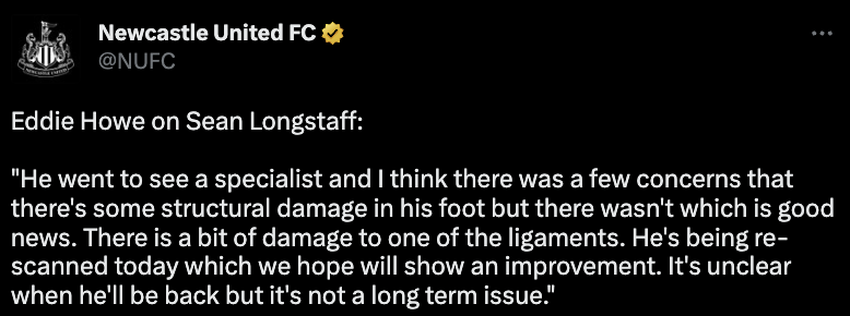 Longstaff injury update ahead of FPL GW36