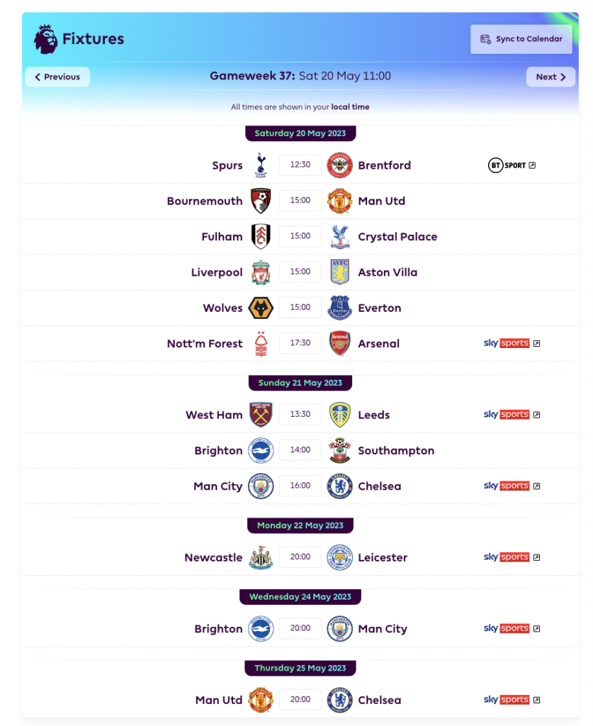 FPL GW37 Fixtures