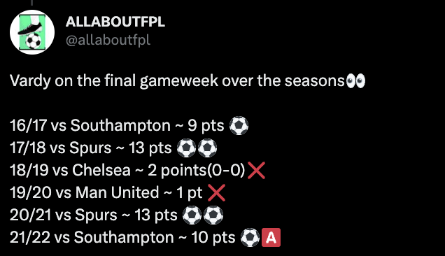 Vardy also has an excellent record in the final gameweek of the season