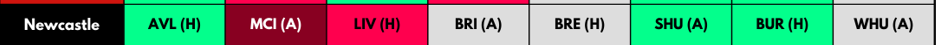 Newcastle United FPL Fixtures from GW1-GW8