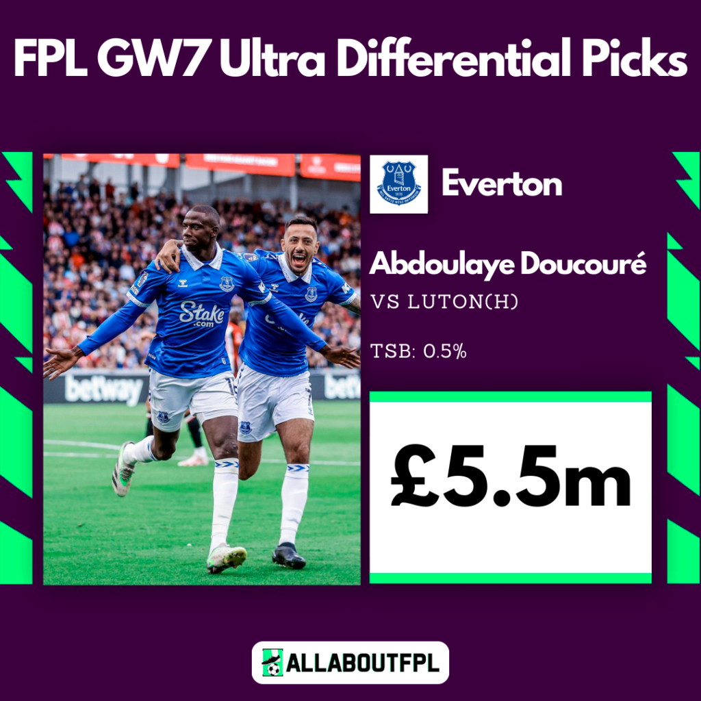 Top FPL GW7 Differential Picks ( ≈10% ownership) ~ Abdoulaye Doucouré vs Luton (H), £5.5m, TSB: 0.5%