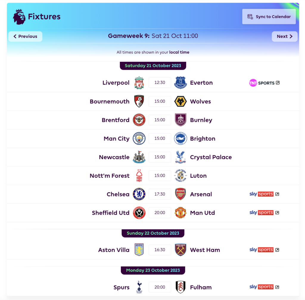 FPL GW9 Fixtures