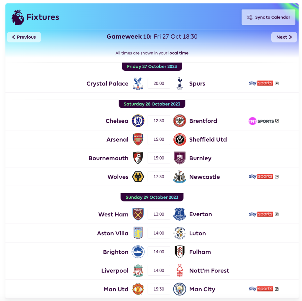 FPL GW10 Fixtures