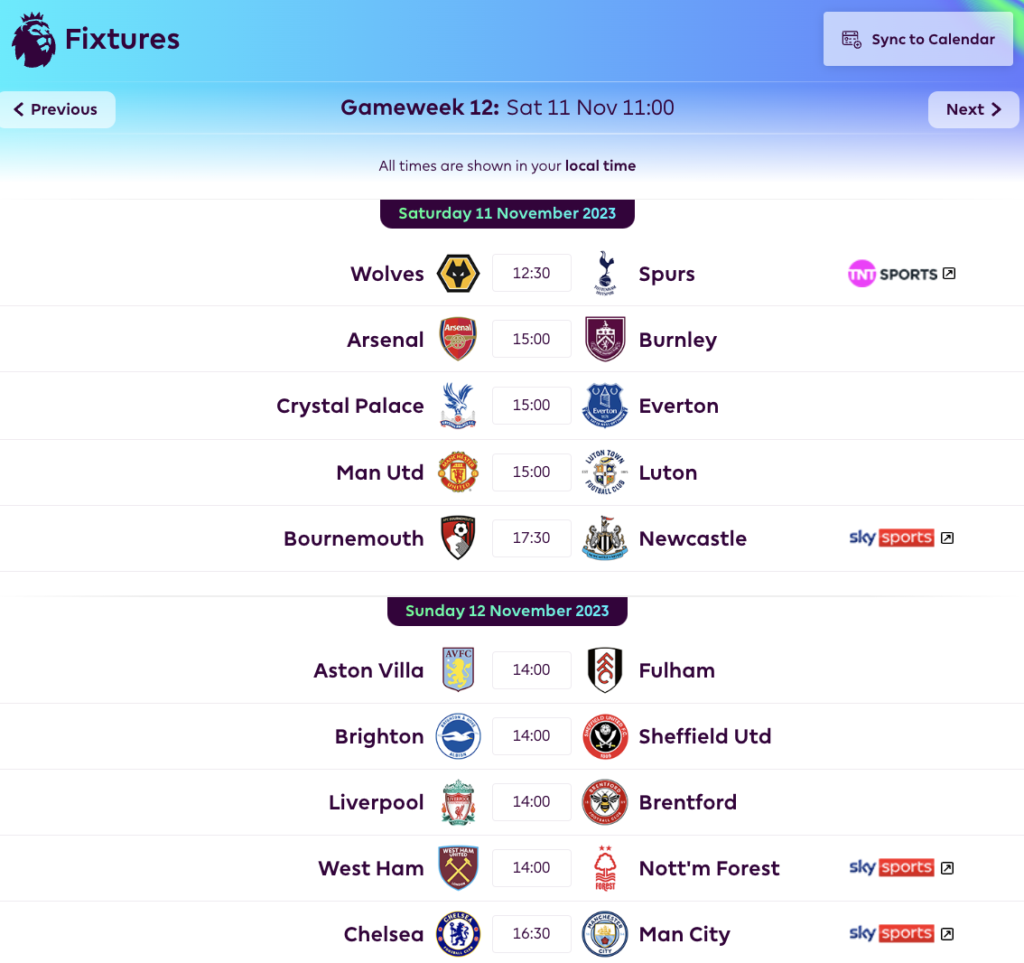 FPL GW12 Fixtures